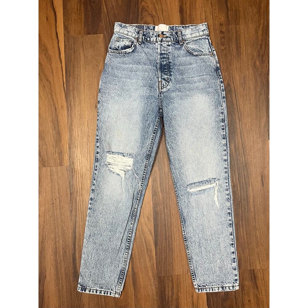 Revice Womens 29  Distressed Light Wash High Rise Button Fly Straight Mom Jean